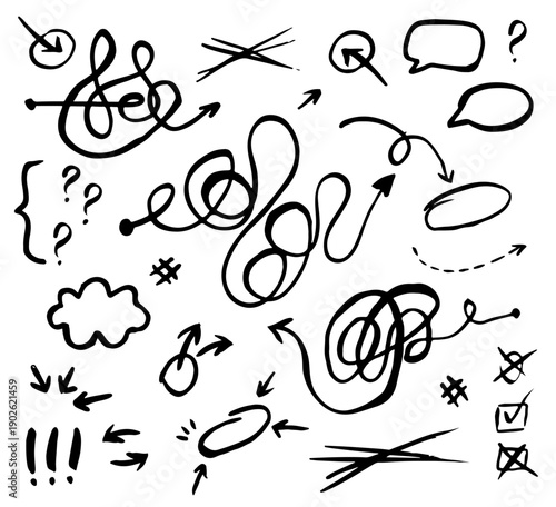 Hand drawn black marks, featuring arrows, circles, question marks, tangled lines transitioning from chaos to straight arrow. 