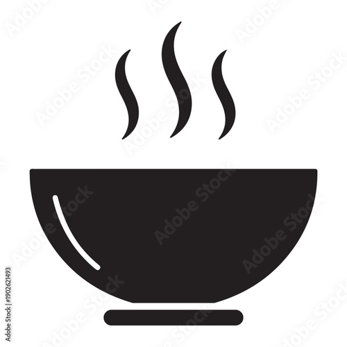 A simple black silhouette of a steaming bowl of food on a white background