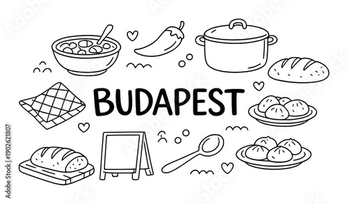Hungarian cuisine illustration with traditional foods and cookware