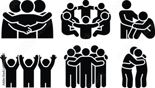 Diverse group of people showing teamwork and unity in various gestures