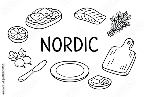 Nordic cuisine ingredients and utensils outline on gray background
