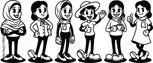 Retro cartoon line art lineup of six diverse women characters waving smiling holding coffee giving thumbs up in casual clothes and headscarves full length front view