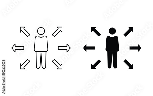 A person with arrows pointing in multiple directions. influence AND opportunities symbol.