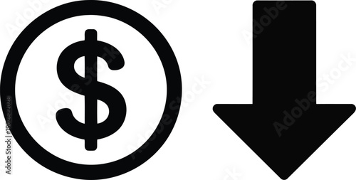A dollar sign inside a circular outline shown next to a prominent solid down arrow symbol