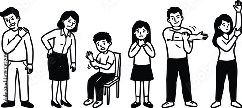 Line art front view group showing man woman boy and girl holding shoulder back wrist and neck pain sitting and standing medical symptom illustration clear expressions