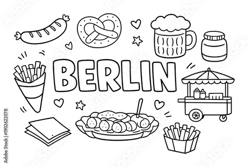 Berlin food icons: sausage, pretzel, beer, currywurst, fries, snack cart