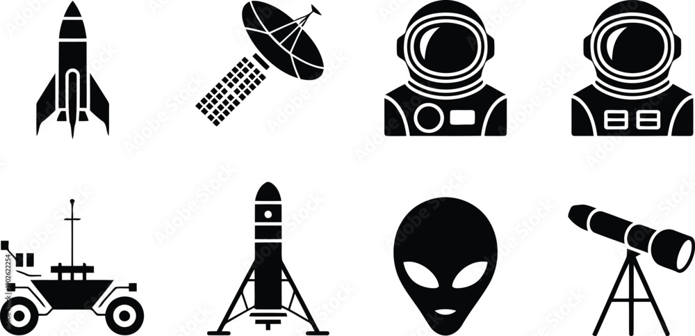 Fototapeta premium A group of black glyph icons illustrating space missions, cosmic observations, and alien life forms
