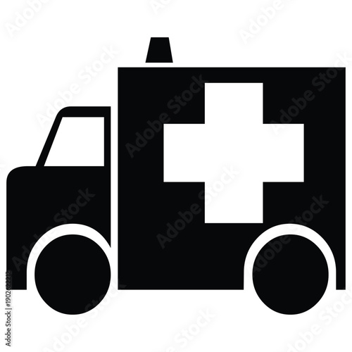 A black and white illustration of an ambulance silhouette against a plain background