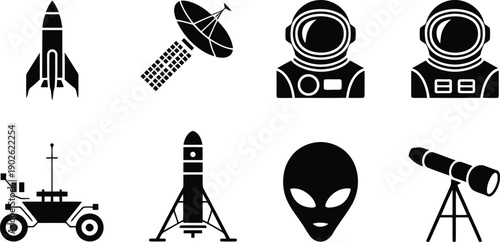 A group of black glyph icons illustrating space missions, cosmic observations, and alien life forms