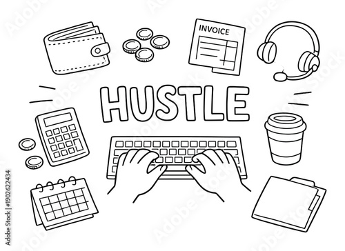 African male adult entrepreneurial hustle: hands typing with business icons surrounding