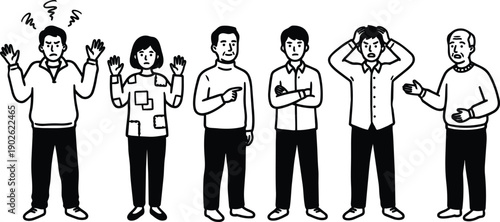 Line art row of six people showing confused frustrated surprised and anxious expressions with varied hand gestures ages standing viewer in black and white casual clothing