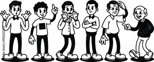 Retro cartoon nineties style lineup of six male characters showing varied ages expressions gestures and poses side view black and white vector art bold outline flat