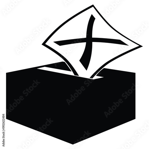 A ballot paper with a cross is being inserted into a black ballot box for voting silhouette