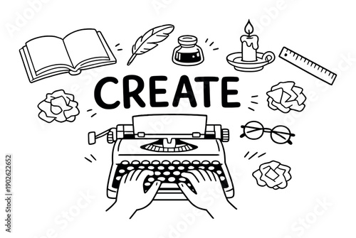Creative writing elements: typewriter, book, quill, candle, roses, inkwell, hands