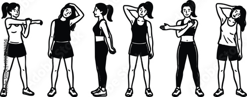 Line art sequence of female stretching exercises in sportswear side view front view varied poses shoulder and neck stretches gym warm up routine simple monochrome illustration