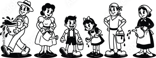 Retro cartoon family line art characters carrying buckets and watering cans walking smiling in profile vintage mid century illustration black and white playful children adults group