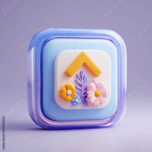 3D house icon with floral elements
