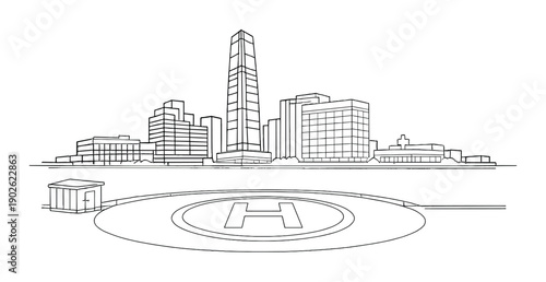 Futuristic cityscape with heliport in monochrome digital art