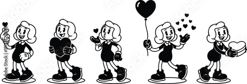 Rubber hose cartoon girl holding heart and blowing kiss in a row of five valentine poses with balloon gifts walking smiling vintage style black and white
