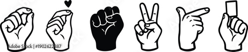 Minimalist line art hand gesture icon set showing pinch finger heart closed fist victory two finger pointing index finger card hold flat vector icons for messaging