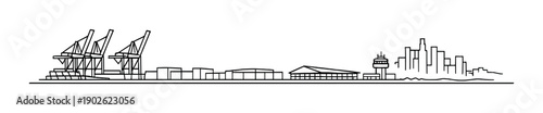 Monochrome linear port skyline with cranes and cityscape silhouette