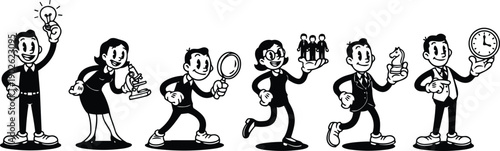 Retro cartoon vector art row of business characters holding lightbulb microscope magnifier team figures chess knight and clock showing time planning and strategy with smiling expressions