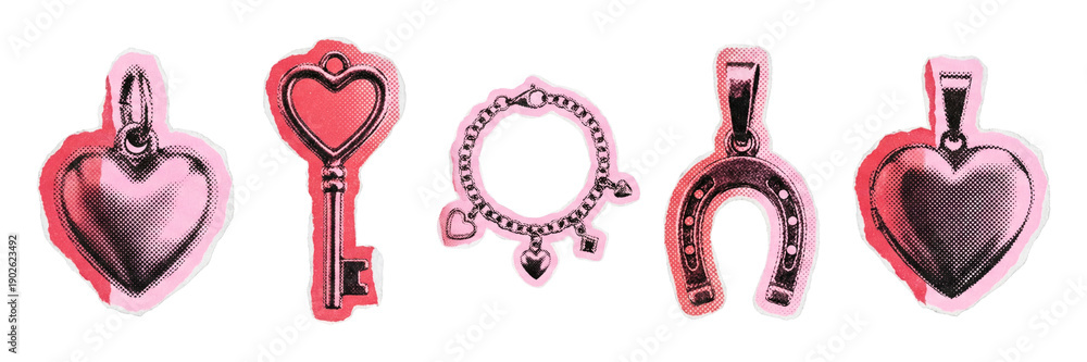 custom made wallpaper toronto digitalPop-art hearts and charms zine collage sticker Set.