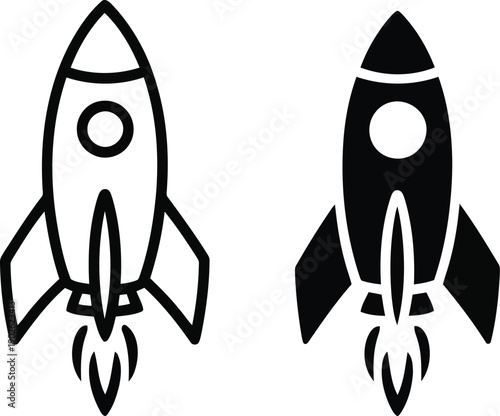 A pair of sleek rocket icons, one outlined and one filled, illustrating rapid progress and innovation