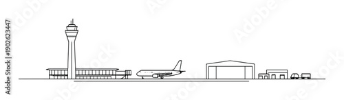 Minimalist outline of airport with air traffic control tower and airplane on runway