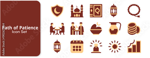 Collection of flat design islamic icons illustrating themes related to patience faith worship charity and spiritual growth in a cohesive set.