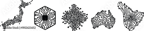 Minimalist circuit line art closeup of japan map hexagon microchip neural network australia and madagascar shapes arranged in linear composition high contrast vector icons black white