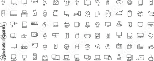 Device and technology line icon set. Electronic devices and gadgets, computer, equipment and electronics. Computer monitor, smartphone, tablet and laptop simple icon collections