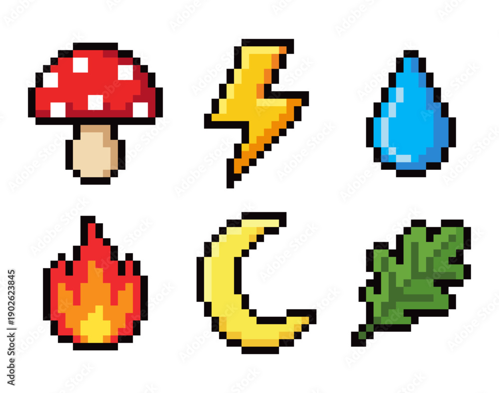 Fototapeta premium Pixel Art Nature Elements Icons - Fire Water Lightning Mushroom Set