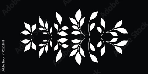 White leafy branch silhouette on black background. Botanical foliage ornament for logo, tattoo, and decor. Minimal floral vine design in elegant style.