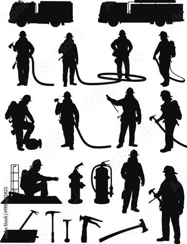 Firefighter silhouette set, fire rescue equipment icons, emergency response crew, fire truck tools collection, safety profession vector illustration, design, artwork