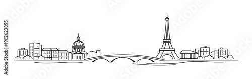 Minimalist black and white cityscape featuring eiffel tower and bridge