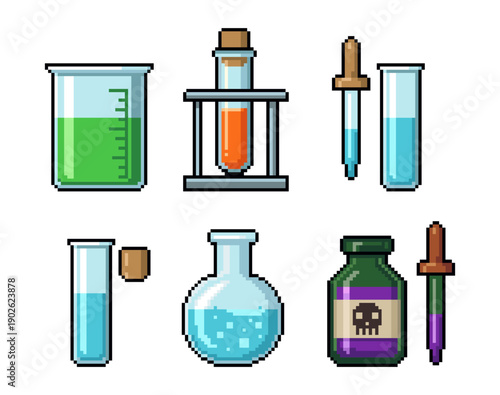 Pixel Art Alchemy Icons Set - Potions Chemistry Bottles and Tools