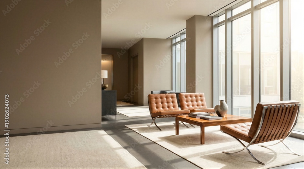 Fototapeta premium Modern corporate lounge area with brown leather chairs and large windows. Stylish office interior for business reception or waiting room