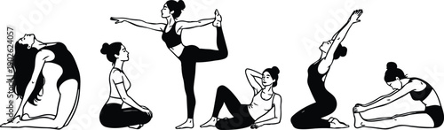 Minimalist line art yoga sequence showing six female figures performing stretching balancing and seated poses in studio side view calm graceful flexibility posture practice grace