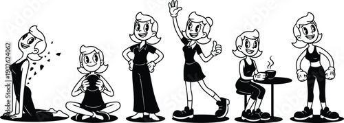 Retro cartoon 50s style six pose female character showing yoga stretch sitting with ball standing hands waving sipping coffee in activewear smiling front view