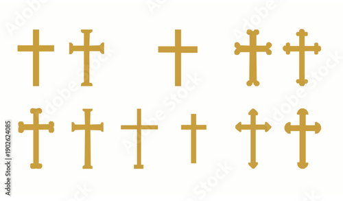Gold Christian cross icon vector set with classic religious symbols