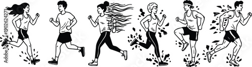 Line art side view group of diverse runners sprinting in sequence with flowing hair and dynamic motion lines black ink silhouette splash trail fitness training action