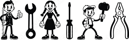 Retro cartoon fifties style row of smiling mechanic characters holding wrench screwdriver mallet and pliers businessman giving thumbs up girl with braids boy with hammer black white