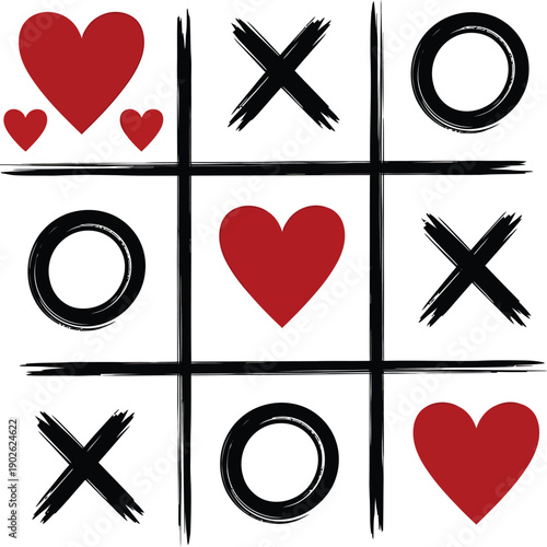 Tic Tac Toe Game with Hearts and X O Symbols, Romantic Hand Drawn Valentine’s Day Illustration
