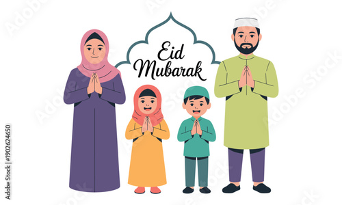 Happy muslim family eid mubarak celebration illustration with parents and children