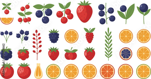 Flat Berry and Citrus Fruit Icon Set with Strawberries, Blueberries, Raspberries, Oranges, Slices, and Leaves for Food and Nutrition Designs