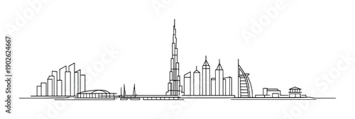Minimalist black and white dubai skyline line art with iconic landmarks
