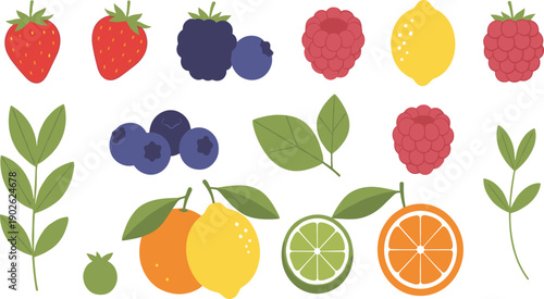 Flat Berry and Citrus Fruit Icon Set with Strawberries, Blueberries, Raspberries, Lemons, Limes, and Leaves for Organic Food Designs