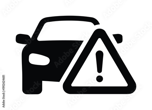 Black vector car icon with warning sign indicating an alert