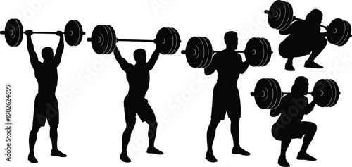 Weightlifting silhouette sequence showing barbell clean squat and overhead press exercises isolated on white background strength training illustration stock